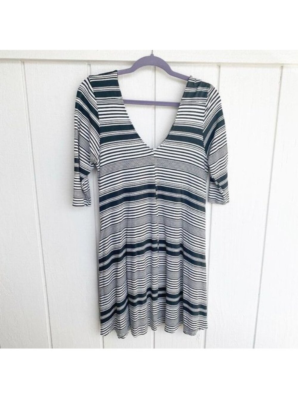 Ava Sky Hawaii Black White Striped V-Neck Mini Dress Women's Large L